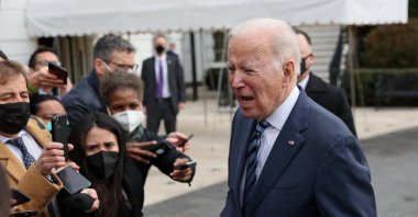 U.S. President Joe Biden speaks to the news media about the situation in Ukraine before boarding Marine One for travel to Ohio from the South Lawn of the White House in Washington, U.S., Feb. 17, 2022. (Reuters Photo)