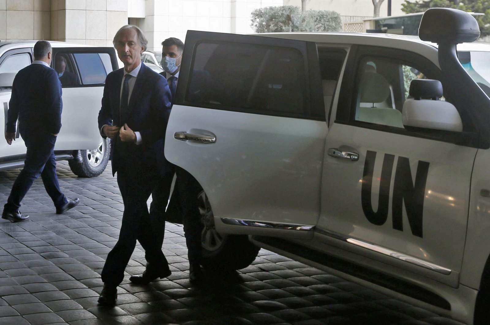 Geir Pedersen, United Nations Special Envoy for Syria, arrives at his hotel after a meeting with the Syrian foreign minister in the capital Damascus, on Feb. 16, 2022. (AFP Photo)