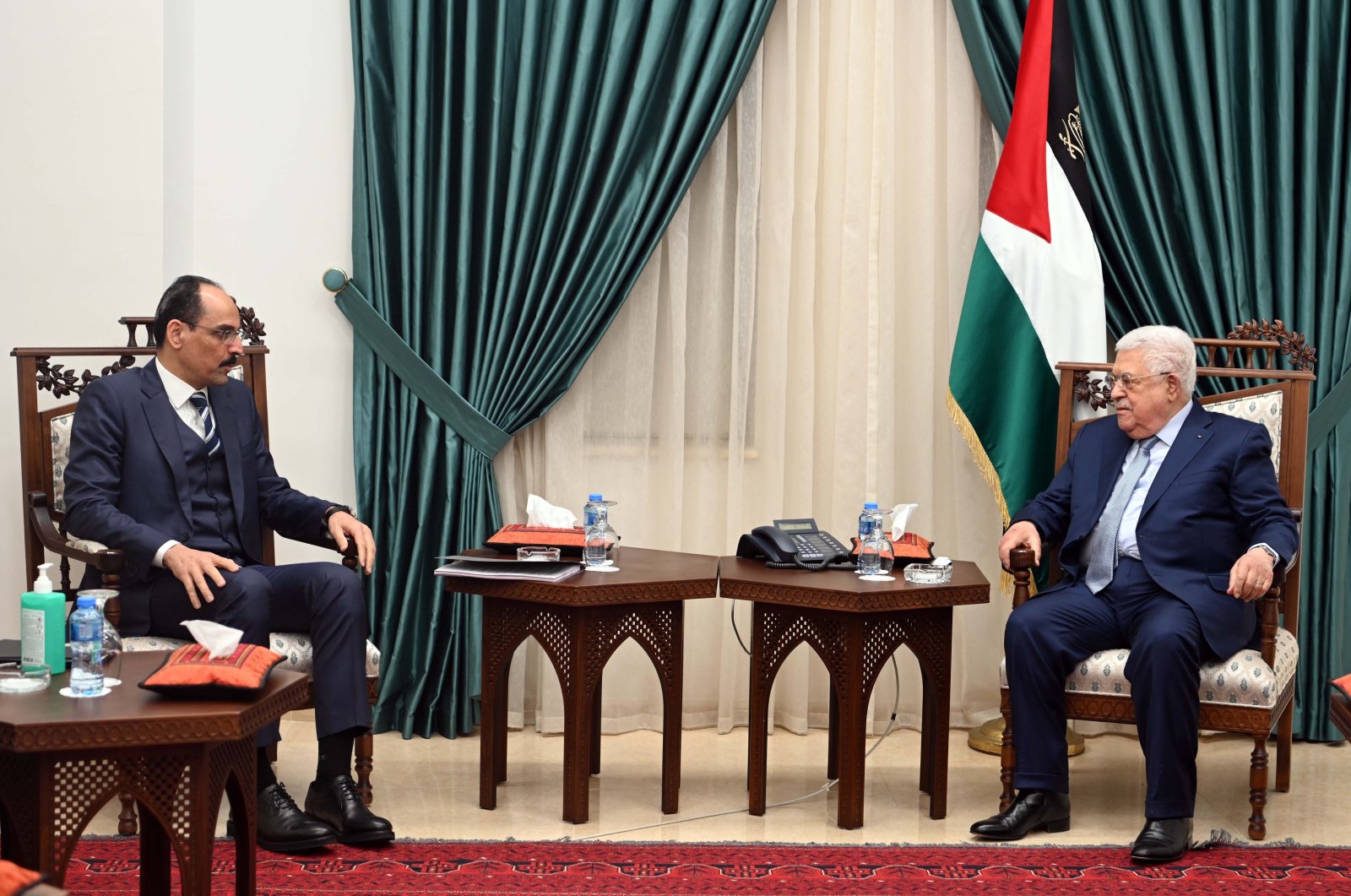 Presidential Spokesperson Ibrahim Kalın meets with Palestinian President Mahmoud Abbas in Ramallah, Wednesday, Feb. 16, 2022. (AA Photo)