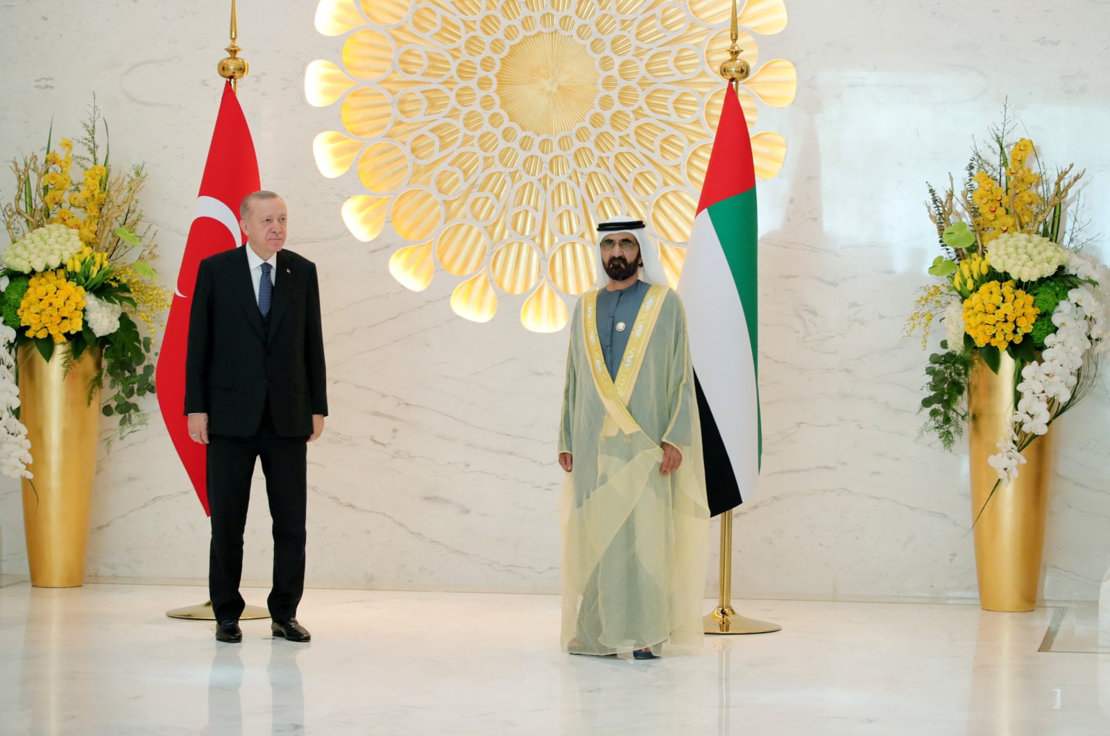 President Recep Tayyip Erdoğan (L) and ruler of Dubai and UAE Prime Minister Mohammed bin Rashid Al Maktoum during their meeting in Dubai, United Arab Emirates, Feb. 15, 2022. (EPA Photo)