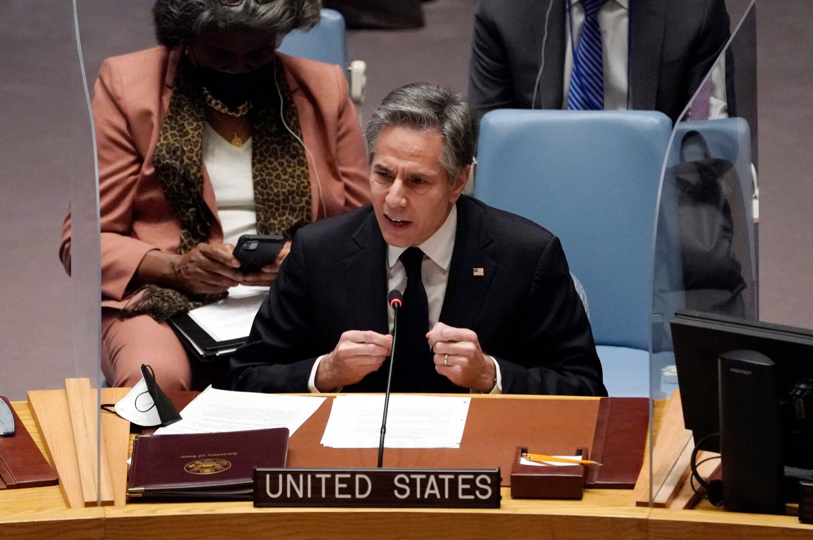 US Secretary of State Antony Blinken, with US Ambassador to the UN Linda Thomas-Greenfield (L), speaks at a UN Security Council meeting on Ukraine, on February 17, 2022, in New York. (AFP Photo)