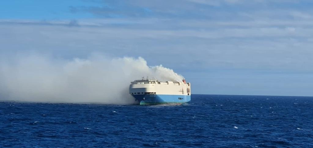 An image provided by the Portuguese Navy on Feb. 17, 2022, shows the car transport ship Felicity Ace on fire in the Atlantic Ocean. (Photo: marinha.pt)