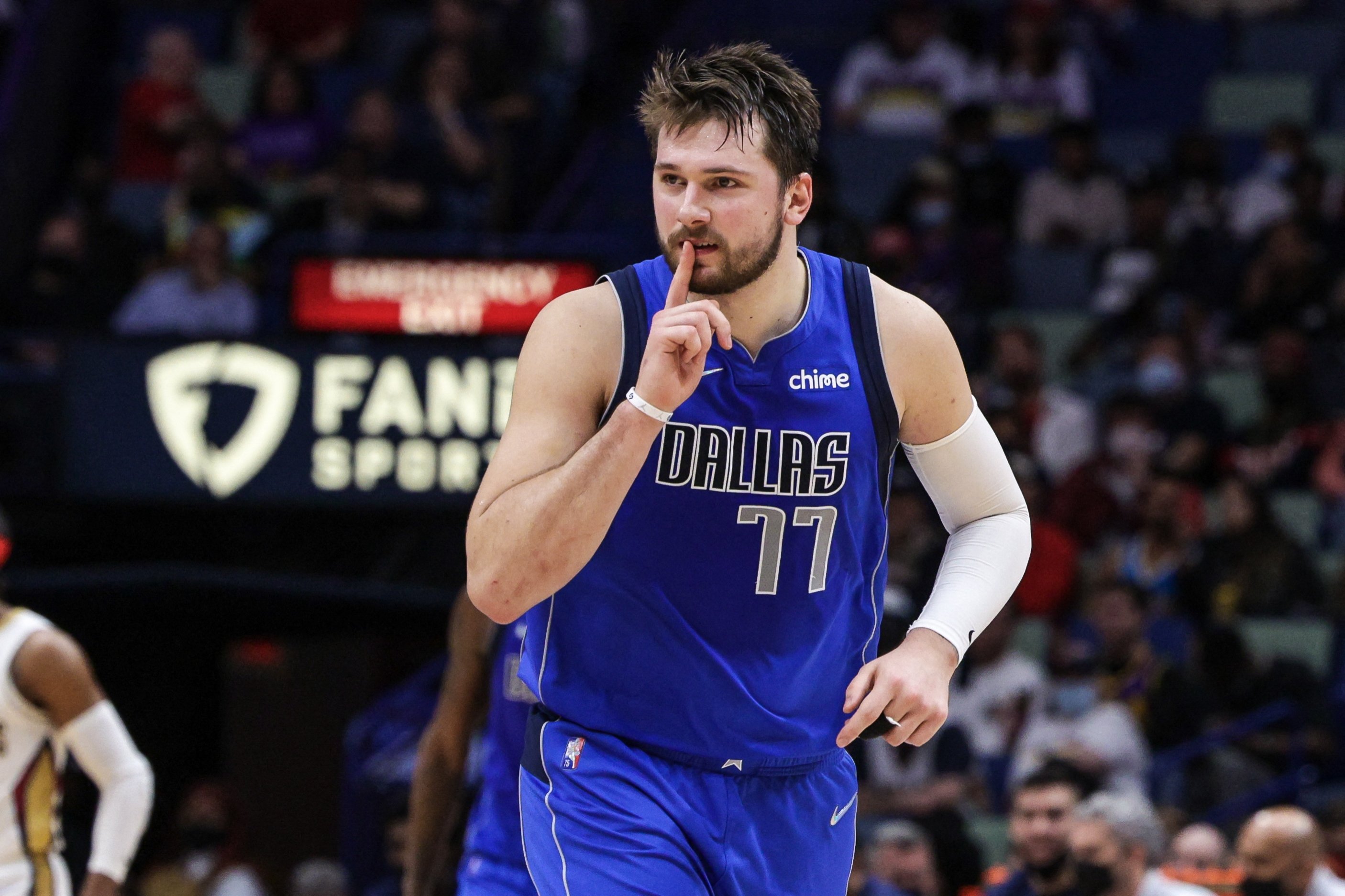 Dallas Mavericks guard Luka Doncic reacts during an NBA game against the New Orleans Pelicans, New Orleans, Louisiana, U.S., Feb. 17, 2022.