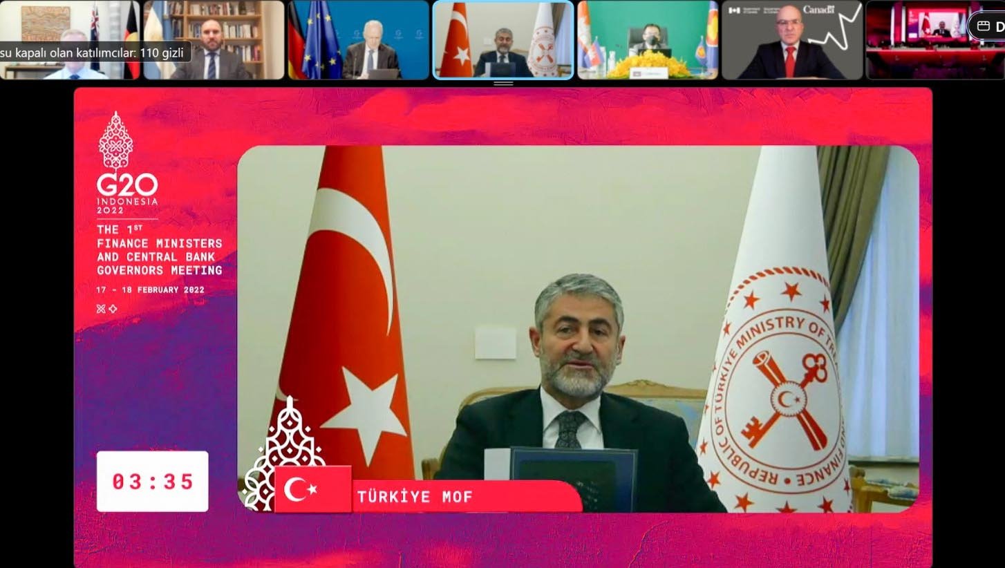 Treasury and Finance Minister Nureddin Nebati speaks virtually during the G-20 meeting, Ankara, Turkey, Feb. 18, 2022. (DHA Photo)