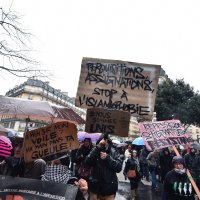 People holding banners written, "searches, summons, stop to the Islamophobia" in a demonstration that took place in Paris, France, Jan. 30, 2016. (AFP Photo)