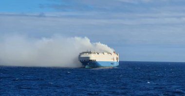 An image provided by the Portuguese Navy on Feb. 17, 2022, shows the car transport ship Felicity Ace on fire in the Atlantic Ocean. (Photo: marinha.pt)