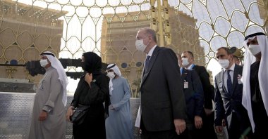 President Recep Tayyip Erdoğan visits the Dubai Expo 2020 during his visit to Dubai as part of the new normalization process with the United Arab Emirates (UAE), in Dubai, UAE, Feb. 15, 2022. (AP Photo)