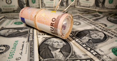 Rolled euro banknotes are placed on U.S. dollar banknotes in this illustration taken May 26, 2020. (Reuters Photo)