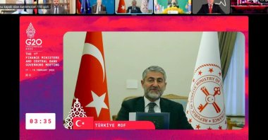 Treasury and Finance Minister Nureddin Nebati speaks virtually during the G-20 meeting, Ankara, Turkey, Feb. 18, 2022. (DHA Photo)