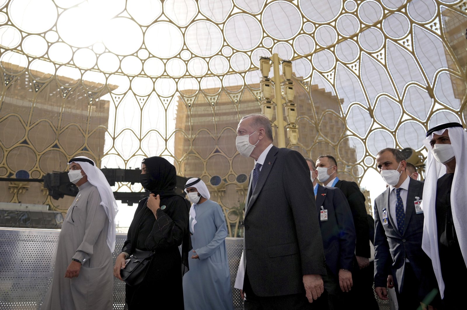 President Recep Tayyip Erdoğan visits the Dubai Expo 2020 during his visit to Dubai as part of the new normalization process with the United Arab Emirates (UAE), in Dubai, UAE, Feb. 15, 2022. (AP Photo)