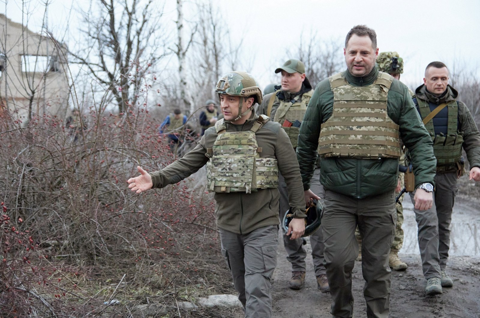 Ukrainian President Volodymyr Zelenskiy visits combat positions of the country&#039;s armed forces near the line of separation from Russian-backed rebels in the Donetsk region, Ukraine, Feb. 17, 2022. (REUTERS)