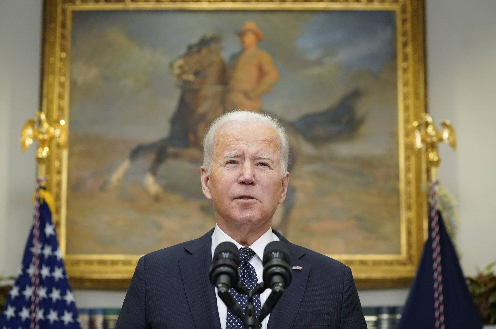 U.S. President Joe Biden speaks about Ukraine in the Roosevelt Room of the White House, Friday, Feb. 18, 2022, in Washington, D.C. (AP Photo)