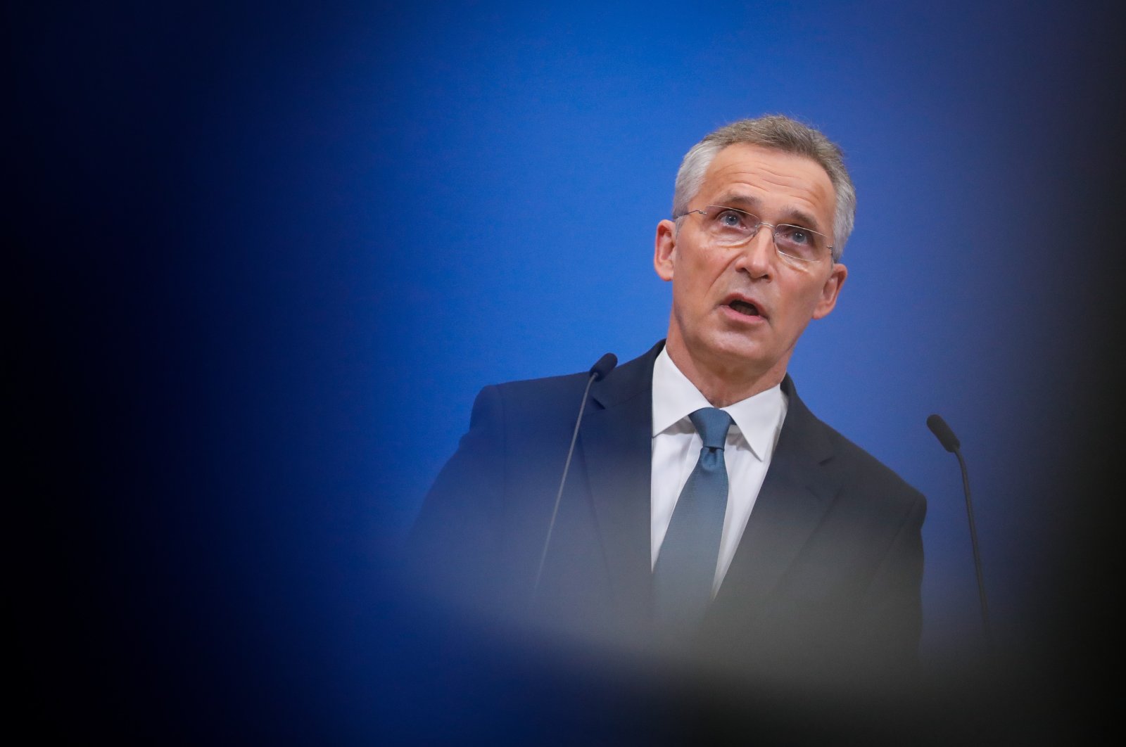 NATO Secretary-General Jens Stoltenberg gives a press conference at the end of a two-day meeting of NATO Ministers of Defense at the NATO headquarters in Brussels, Belgium, Feb. 17, 2022. (EPA Photo)