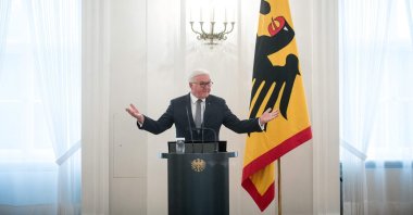 German President Frank-Walter Steinmeier addresses guests during a reception at Bellevue Palace in Berlin, Germany, Feb. 17, 2022. (AFP Photo)