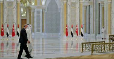 President Recep Tayyip Erdoğan is welcomed by Abu Dhabi's Crown Prince Sheikh Mohammed bin Zayed Al Nahyan during an official ceremony in Abu Dhabi, Feb. 14, 2022. (AFP Photo)