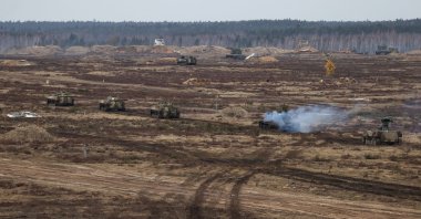Troops take part in the joint military drills of the armed forces of Russia and Belarus at a firing range in the Brest Region, Belarus, Feb. 19, 2022. (Handout via REUTERS)