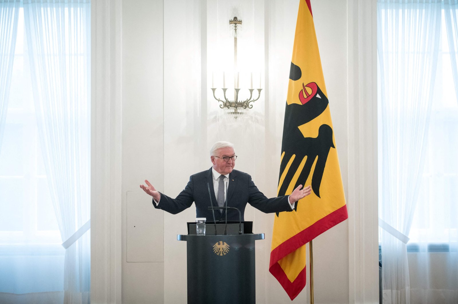 German President Frank-Walter Steinmeier addresses guests during a reception at Bellevue Palace in Berlin, Germany, Feb. 17, 2022. (AFP Photo)
