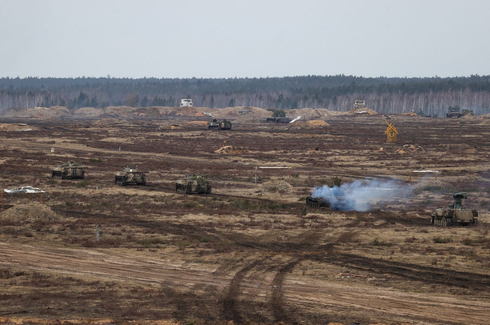 Troops take part in the joint military drills of the armed forces of Russia and Belarus at a firing range in the Brest Region, Belarus, Feb. 19, 2022. (Handout via REUTERS)