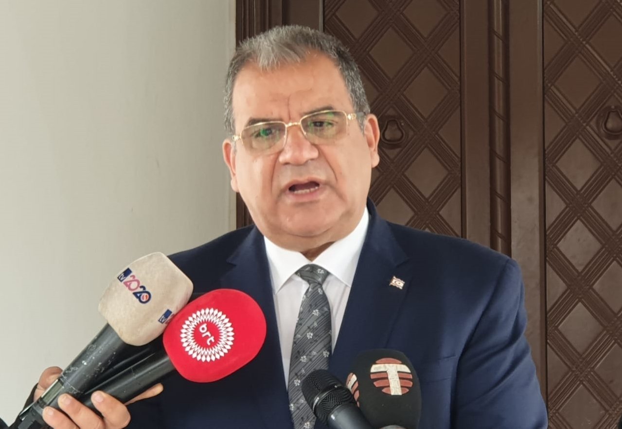 Faiz Sucuoğlu, prime minister of the Turkish Republic of Northern Cyprus (TRNC) and UBP chair, giving statements about the establishment of the new coalition in Lefkoşa (Nicosia), Turkish Cyprus, Feb. 21, 2022. (AA Photo)