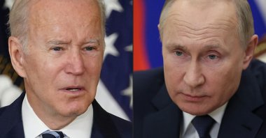 U.S. President Joe Biden  (L) during a signing ceremony at the White House in Washington, D.C., U.S., Nov. 18, 2021, and Russian President Vladimir Putin in a congress of the United Russia party in Moscow, Russia, Dec. 4, 2021, in this combination of pictures created on Dec. 6, 2021. (AFP Photo)