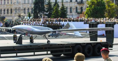 Ukrainian Army-owned Bayraktar TB2 UCAV on display during the military parade on the occasion of the 30th anniversary of Ukraine&#039;s Independence, Kyiv, Ukraine, Aug. 24, 2021. (Shutterstock Photo)