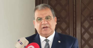 Faiz Sucuoğlu, prime minister of the Turkish Republic of Northern Cyprus (TRNC) and UBP chair, giving statements about the establishment of the new coalition in Lefkoşa (Nicosia), Turkish Cyprus, Feb. 21, 2022. (AA Photo)