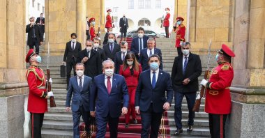 Parliament Speaker Mustafa Şentop (left) during a visit to Georgia, Feb. 21, 2022. (IHA Photo)