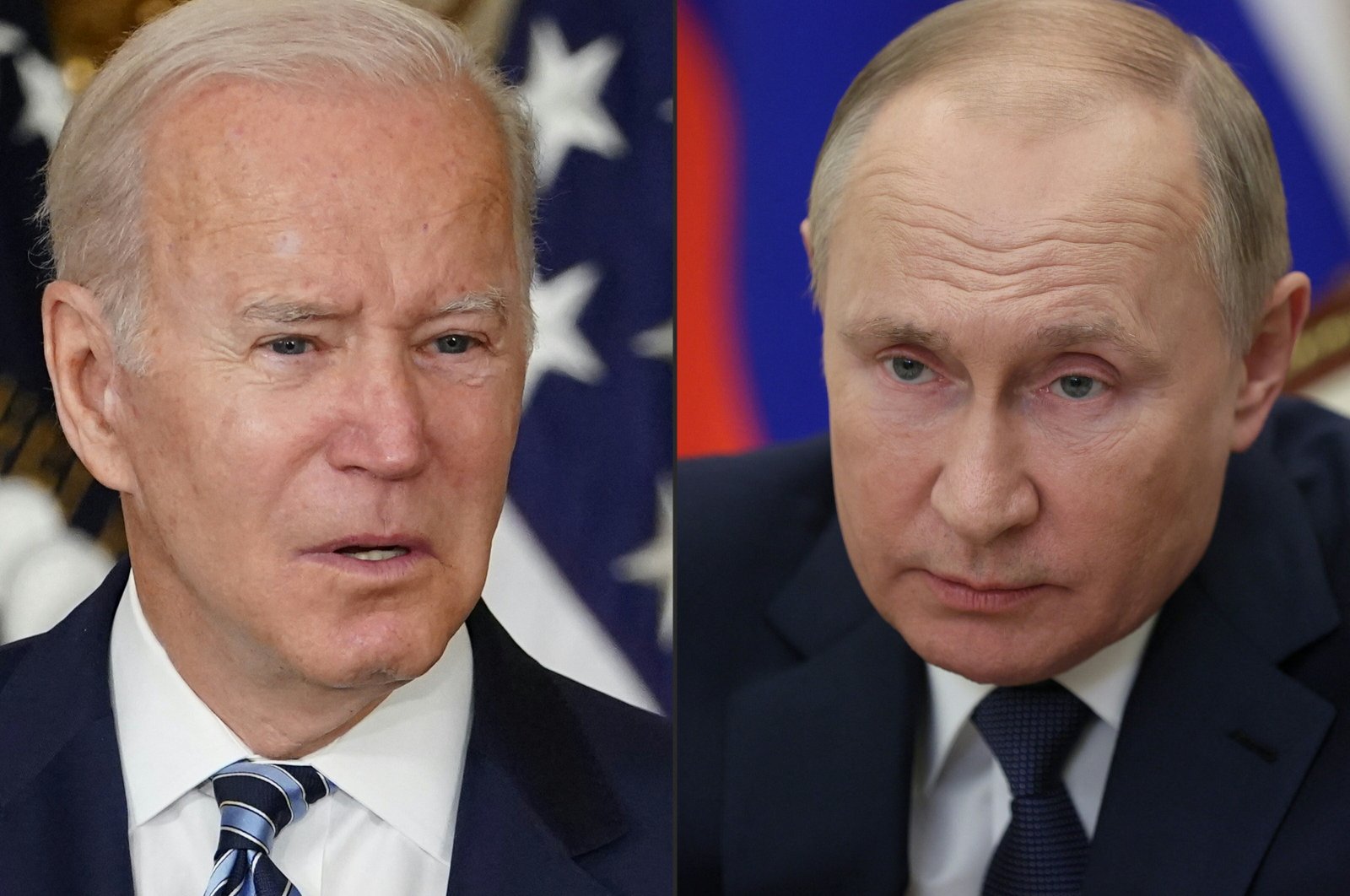 U.S. President Joe Biden  (L) during a signing ceremony at the White House in Washington, D.C., U.S., Nov. 18, 2021, and Russian President Vladimir Putin in a congress of the United Russia party in Moscow, Russia, Dec. 4, 2021, in this combination of pictures created on Dec. 6, 2021. (AFP Photo)