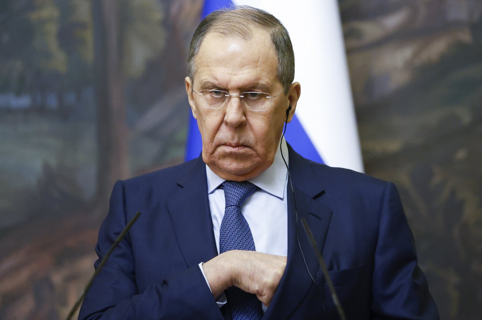 Russian Foreign Minister Sergey Lavrov attends a joint news conference with Greek Foreign Minister Nikos Dendias following their talks in Moscow, Russia, Friday, Feb. 18, 2022. (AP Photo)