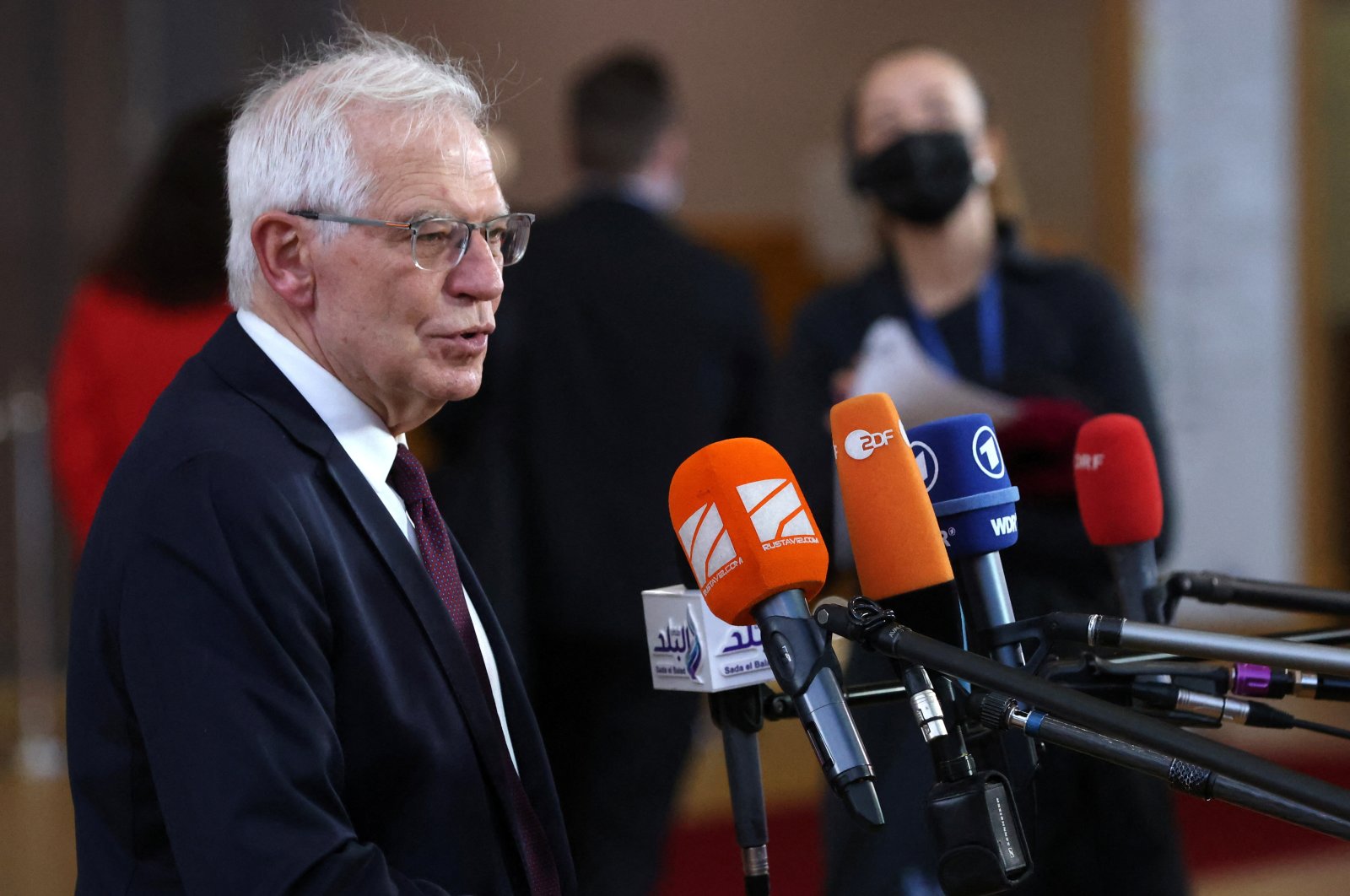 European Union Foreign Policy Chief Josep Borell speaks to the media before a meeting with European Union Foreign Ministers in Brussels, Belgium, Feb. 21, 2022. (Reuters Photo)