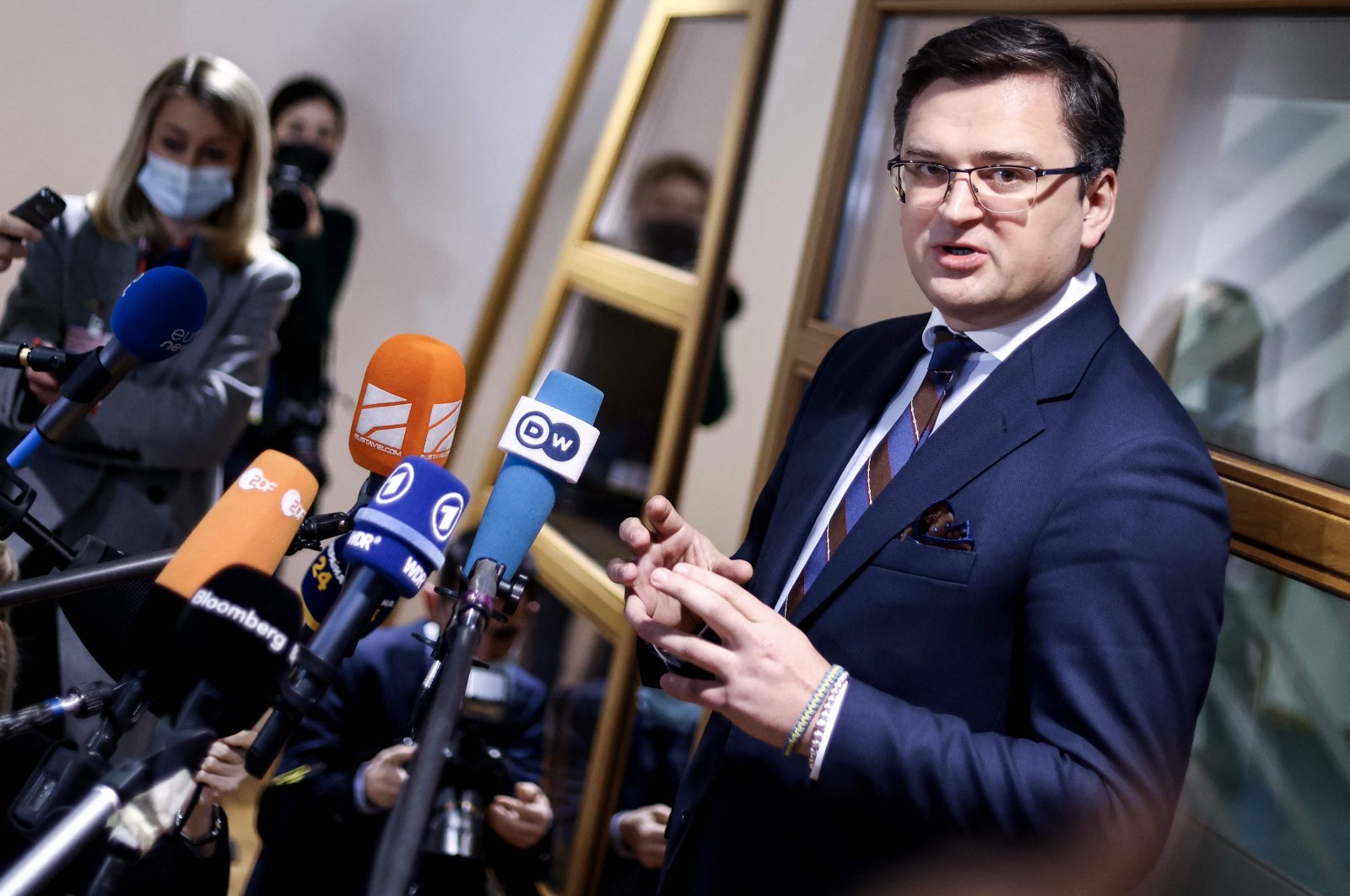 Ukrainian Foreign Minister Dmytro Kuleba speaks during a press conference after a Foreign Affairs Council meeting at the EU headquarters in Brussels, Belgium, on Feb. 21, 2022. (AFP Photo)