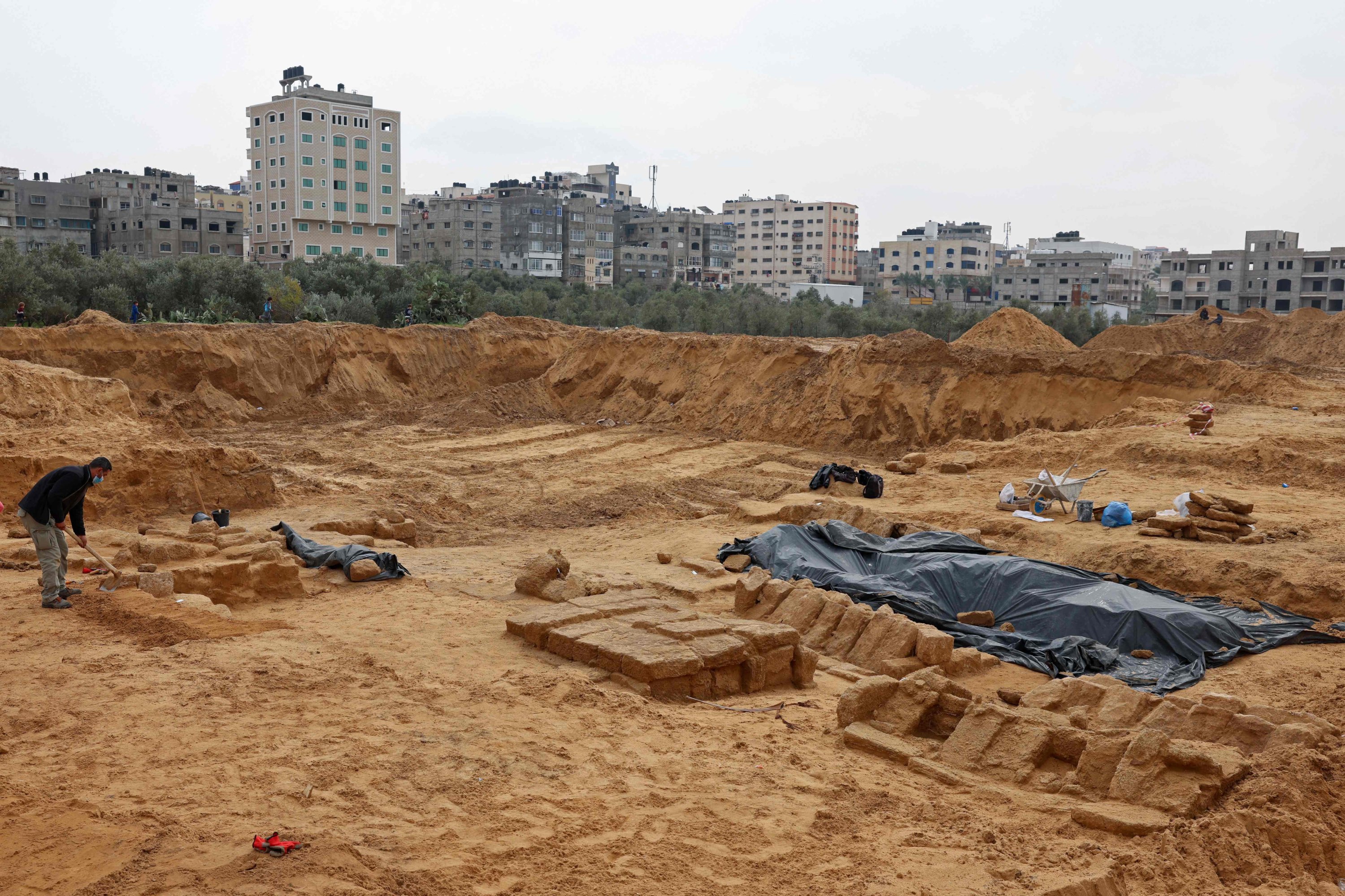 A general view shows a newly discovered Roman cemetery containing ornately decorated graves, in Beit Lahia in the northern Gaza Strip, Feb. 20, 2022. (AFP)