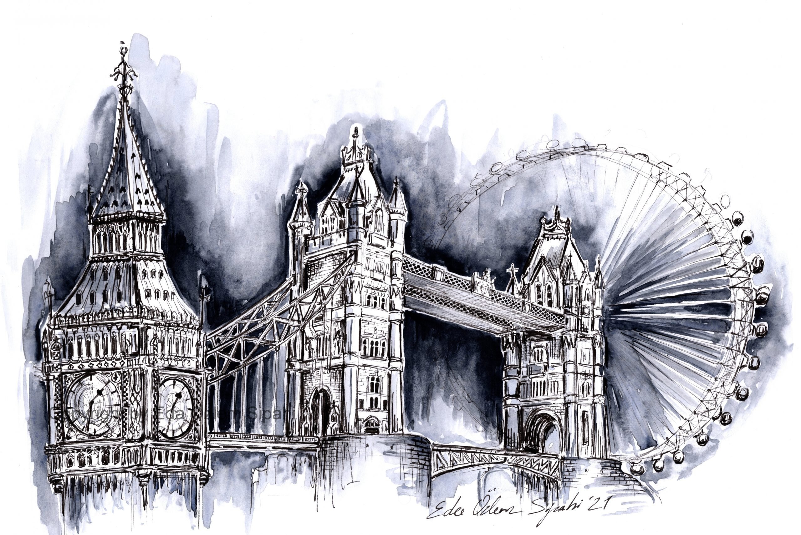 Eda Özlem Sipahioğlu Diler, 'London Landmarks', ink drawing, 15 by 24 centimeters. (Courtesy of YEE London) 