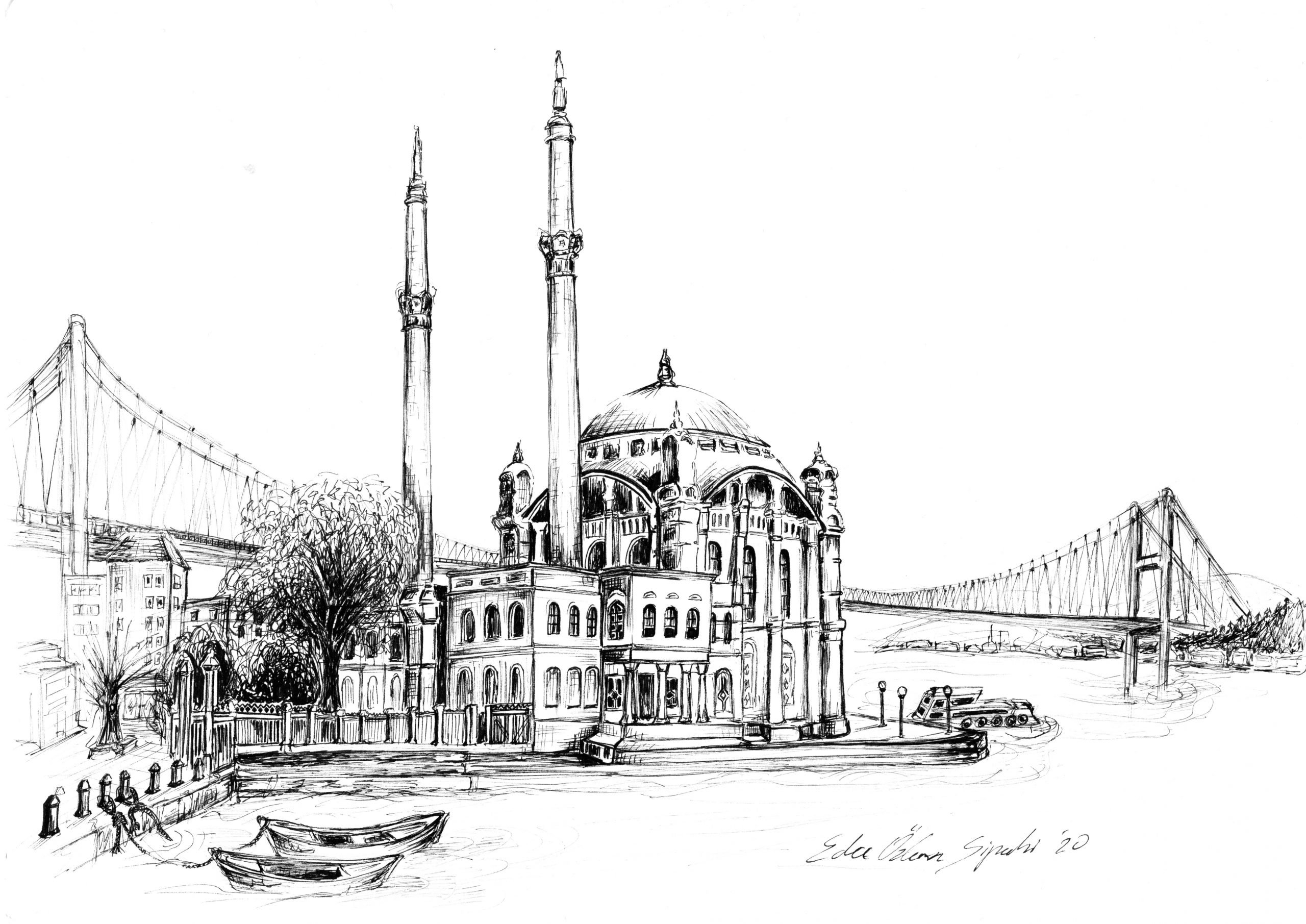 Eda Özlem Sipahioğlu Diler, 'Ortaköy', ink drawing, 21 by 29.5 centimeters. (Courtesy of YEE London) 