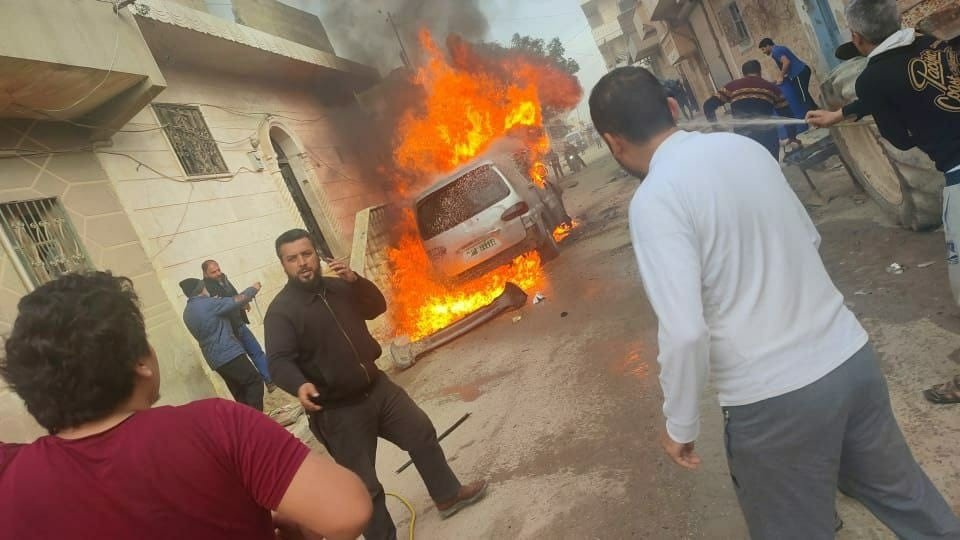 A vehicle burns after a car bomb attack in Azaz, Syria, Feb. 22, 2022. (IHA Photo)