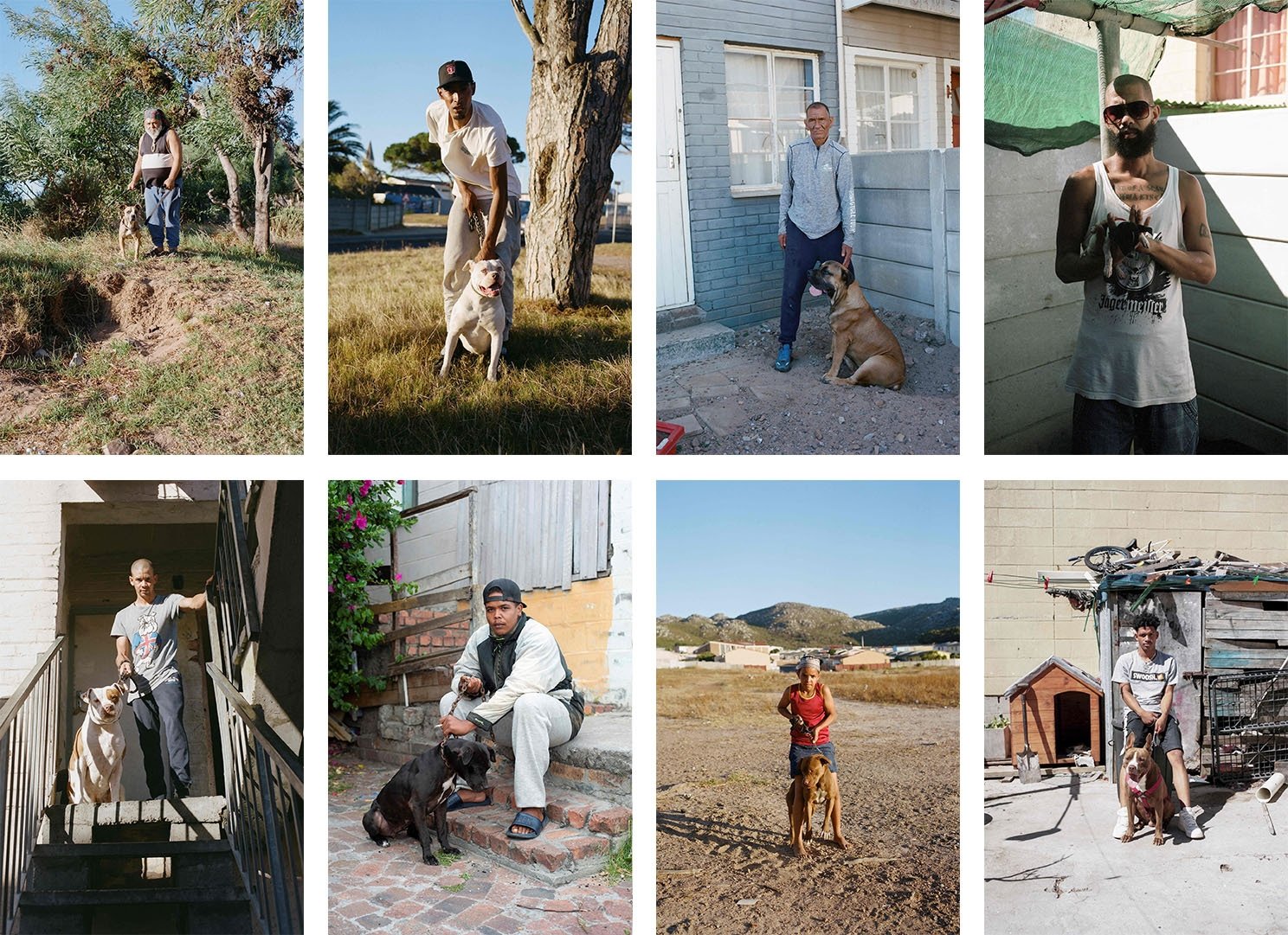 A combination of photos show men standing with their dogs in Ocean View, Cape Town, South Africa, Feb. 3, 2022. (AFP Photo)