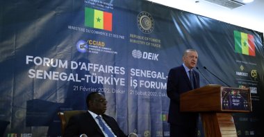 A handout photo made available by the Turkish Presidency shows, Senegal&#039;s President Macky Sall (L) and President Recep Tayyip Erdoğan (R) attending the Senegal-Turkey business forum in Dakar, Senegal, Feb. 21, 2022. (EPA Photo)