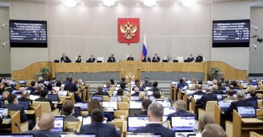 Russian lawmakers attend a session of the State Duma, the lower house of parliament, in Moscow, Russia, Feb. 15, 2022. (Russian State Duma via Reuters)
