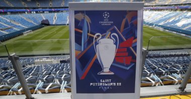 The official 2022 UEFA Champions League Final banner is on display at the Krestovsky Stadium in St. Petersburg, Russia, Sept. 22, 2021. (EPA Photo)