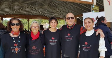 Istem Akkoyunlu (L), Sevil Batur (C-L), Devrim Bayar (C), Serdar Ahıskalı (C-R) and Eniz Tunca Özsoy pose for a photo. (Photo by Leyla Yvonne Ergil)