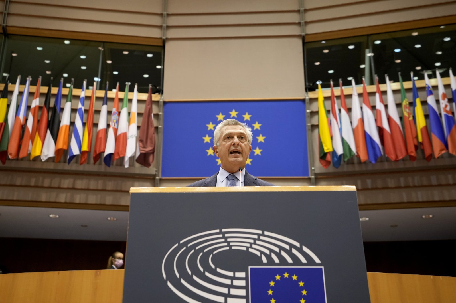 United Nations High Commissioner for Refugees, Filippo Grandi, addresses MEP&#039;s during a plenary session at the European Parliament in Brussels, Wednesday, Nov. 10, 2021. (AP File Photo)