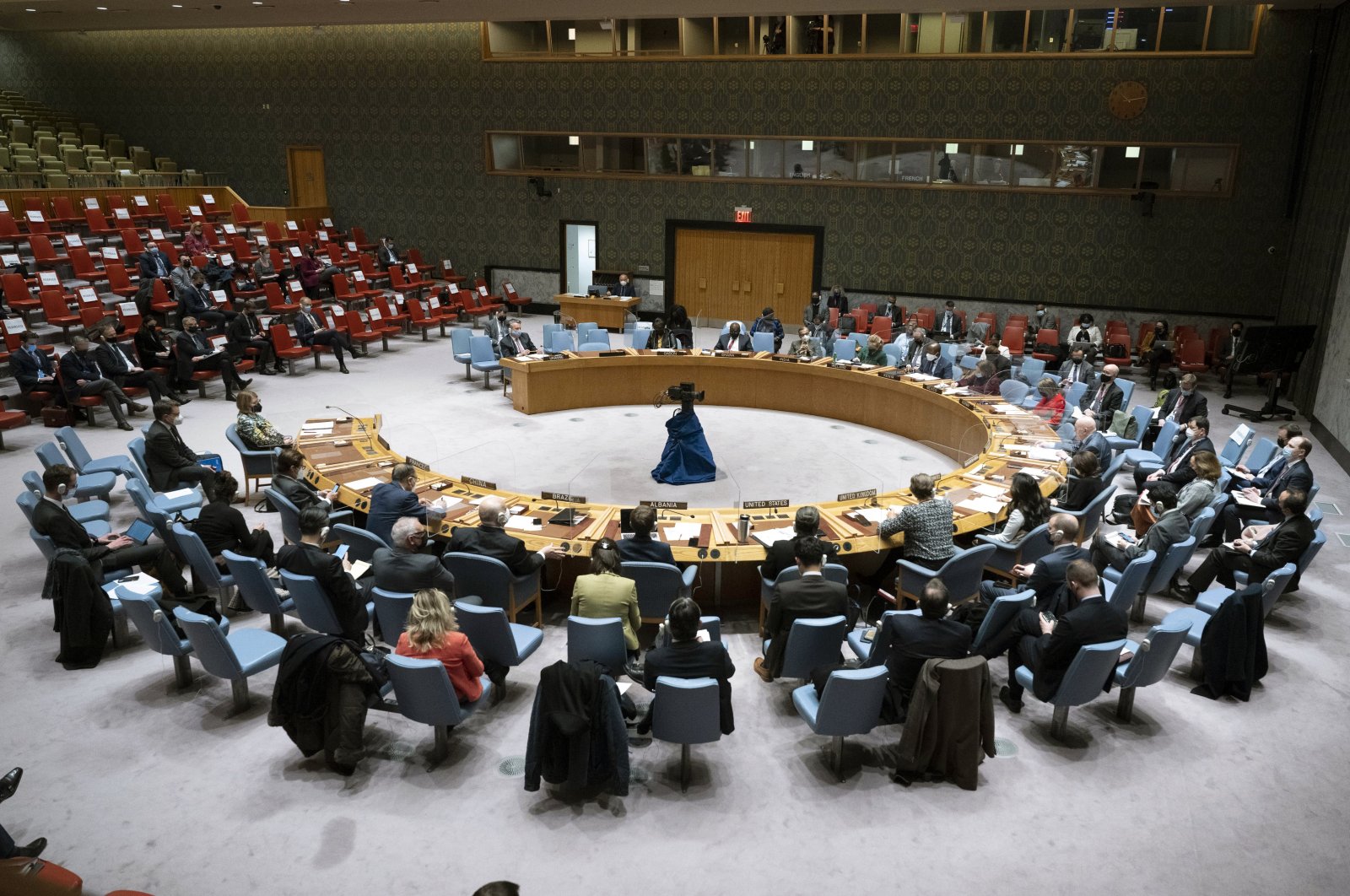 In this image provided by the United Nations, the U.N. Security Council meets at its headquarters for an emergency session on Ukraine, New York, U.S., Feb. 21, 2022. (AP Photo)