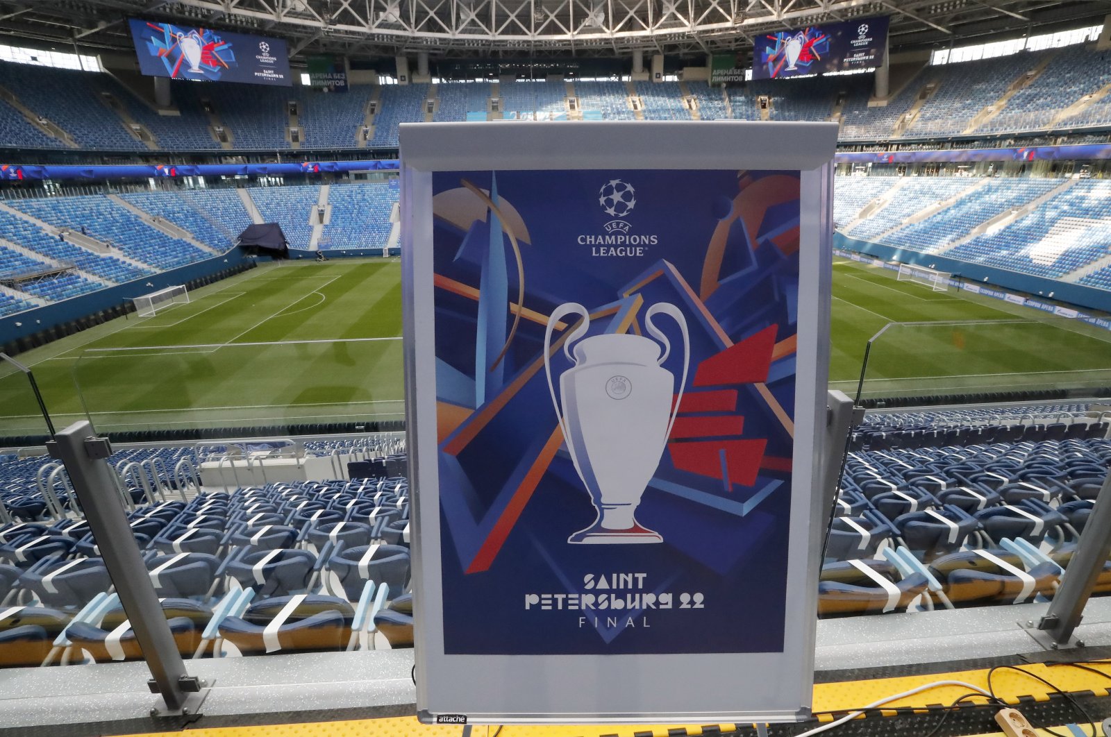 The official 2022 UEFA Champions League Final banner is on display at the Krestovsky Stadium in St. Petersburg, Russia, Sept. 22, 2021. (EPA Photo)