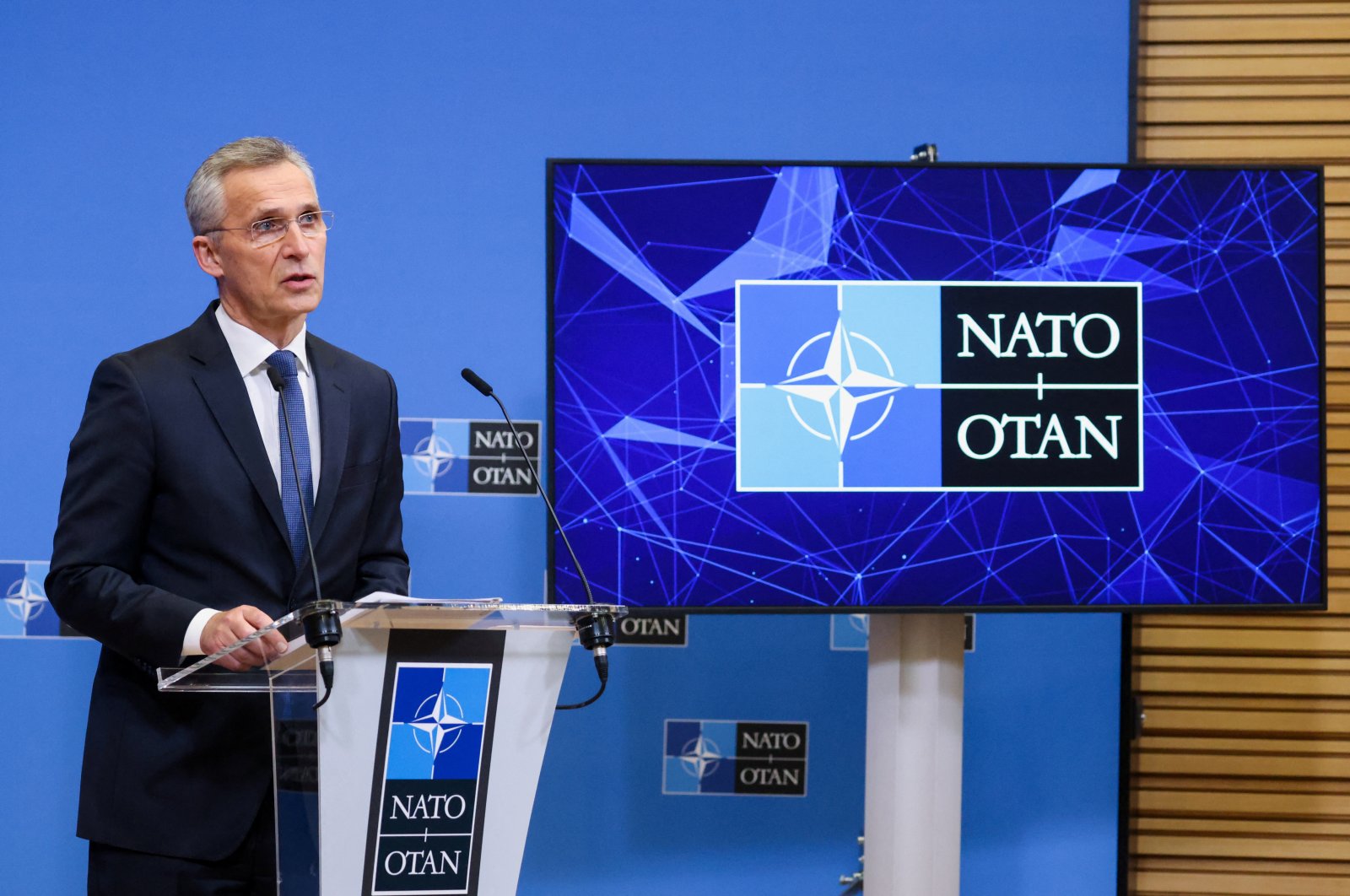 NATO Secretary-General Jens Stoltenberg holds a news conference following an extraordinary meeting of the NATO-Ukraine Commission, Brussels, Belgium, Feb. 22, 2022. (Reuters Photo)