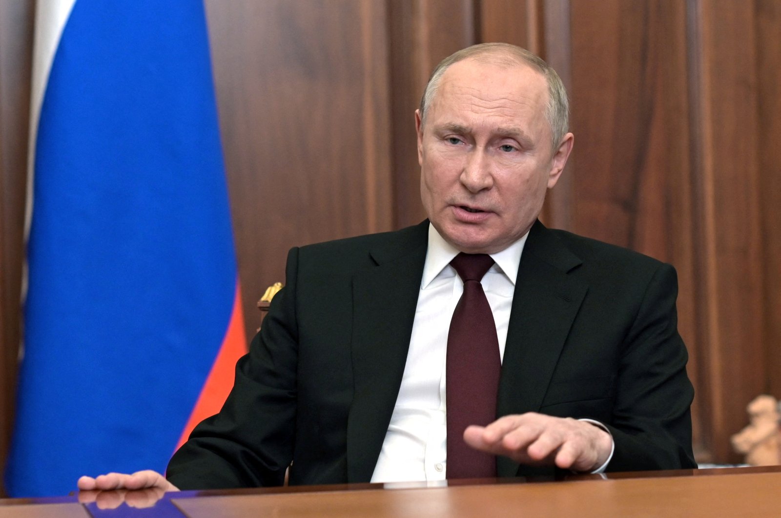 Russian President Vladimir Putin delivers a video address to the nation, following the initiative of the country&#039;s lower house of parliament and security council to recognize two Russian-backed breakaway regions in eastern Ukraine as independent entities, in Moscow, Russia, Feb. 21, 2022. (Reuters Photo)