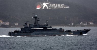 A Russian warship passes through the Dardanelles, Çanakkale, Turkey, Feb. 8, 2022. (DHA Photo)