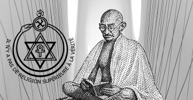 An illustration shows Mahatma Gandhi while reading a book with a seal of the Theosophical Society on the left side. (Edited By Büşra Öztürk)