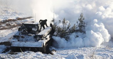 Officers attend joint exercises of the armed forces of Russia and Belarus as part of a military exercise at the Gozhsky firing range in the Grodno region, Belarus, Feb. 12, 2022. (AFP Photo)