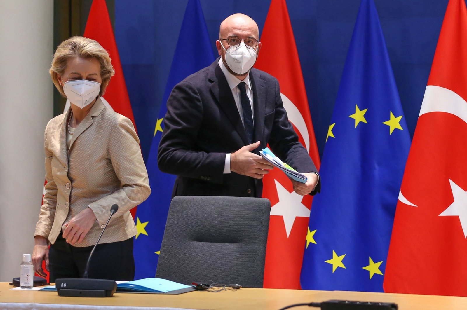 European Commission President Ursula von der Leyen (L) and European Council President Charles Michel arrive for a videoconference with President Recep Tayyip Erdoğan, not pictured, at the Europa Building, Brussels, Belgium, March 19, 2021. (Getty Images)