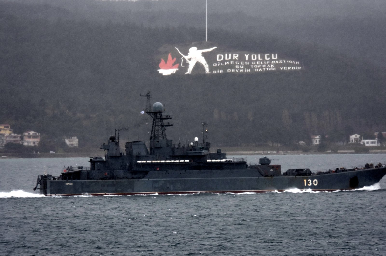 A Russian warship passes through the Dardanelles, Çanakkale, Turkey, Feb. 8, 2022. (DHA Photo)
